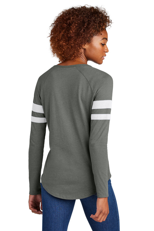 Sport-Tek Women's Halftime Stripe Long Sleeve V-Neck Tee LST6043 White/ Vintage Heather