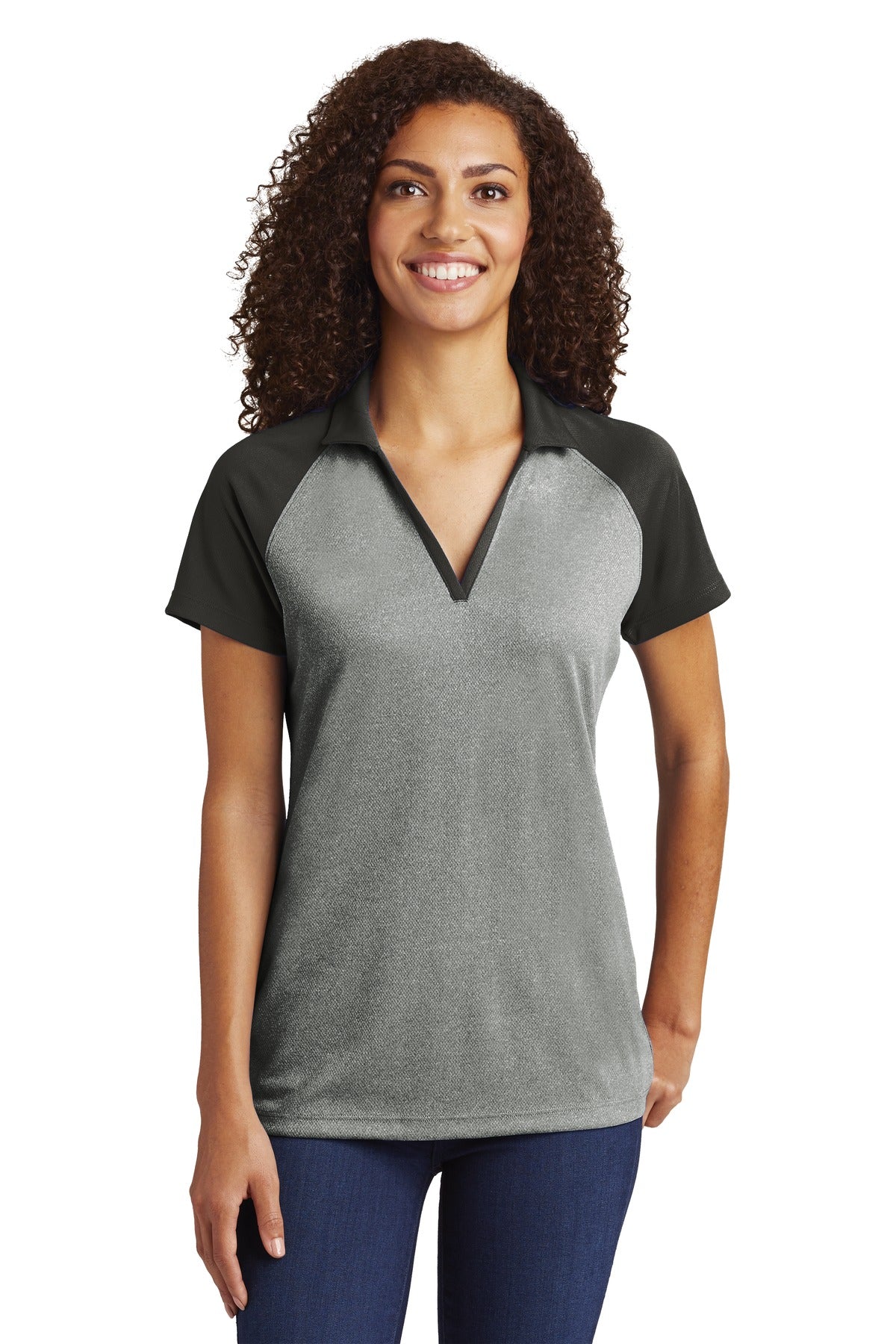 Sport-Tek Women's PosiCharge RacerMesh Raglan Heather Block Polo. LST641 Grey Heather/ Black