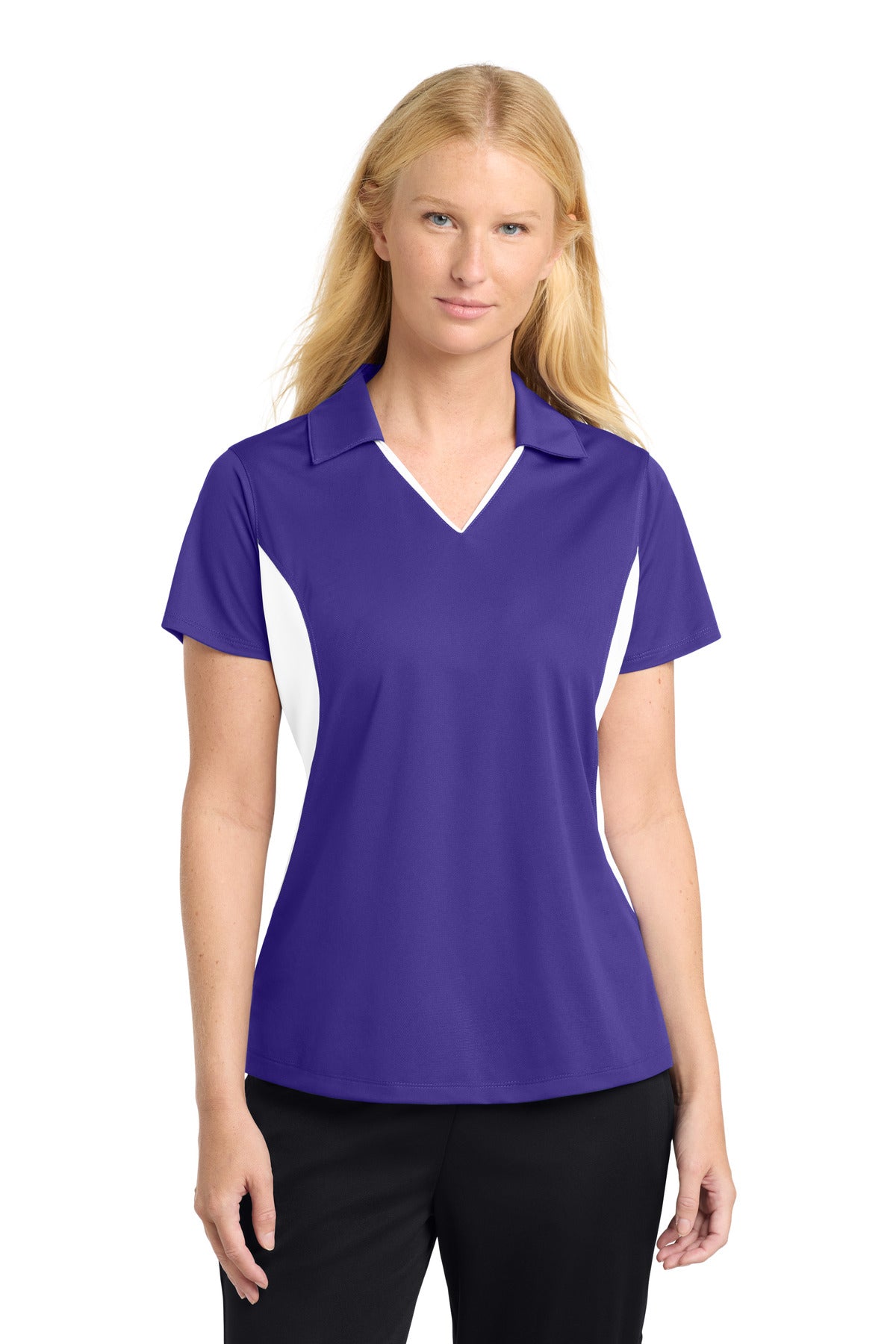 Sport-Tek Women's Side Blocked Micropique Sport-Wick Polo LST655 Purple/ White