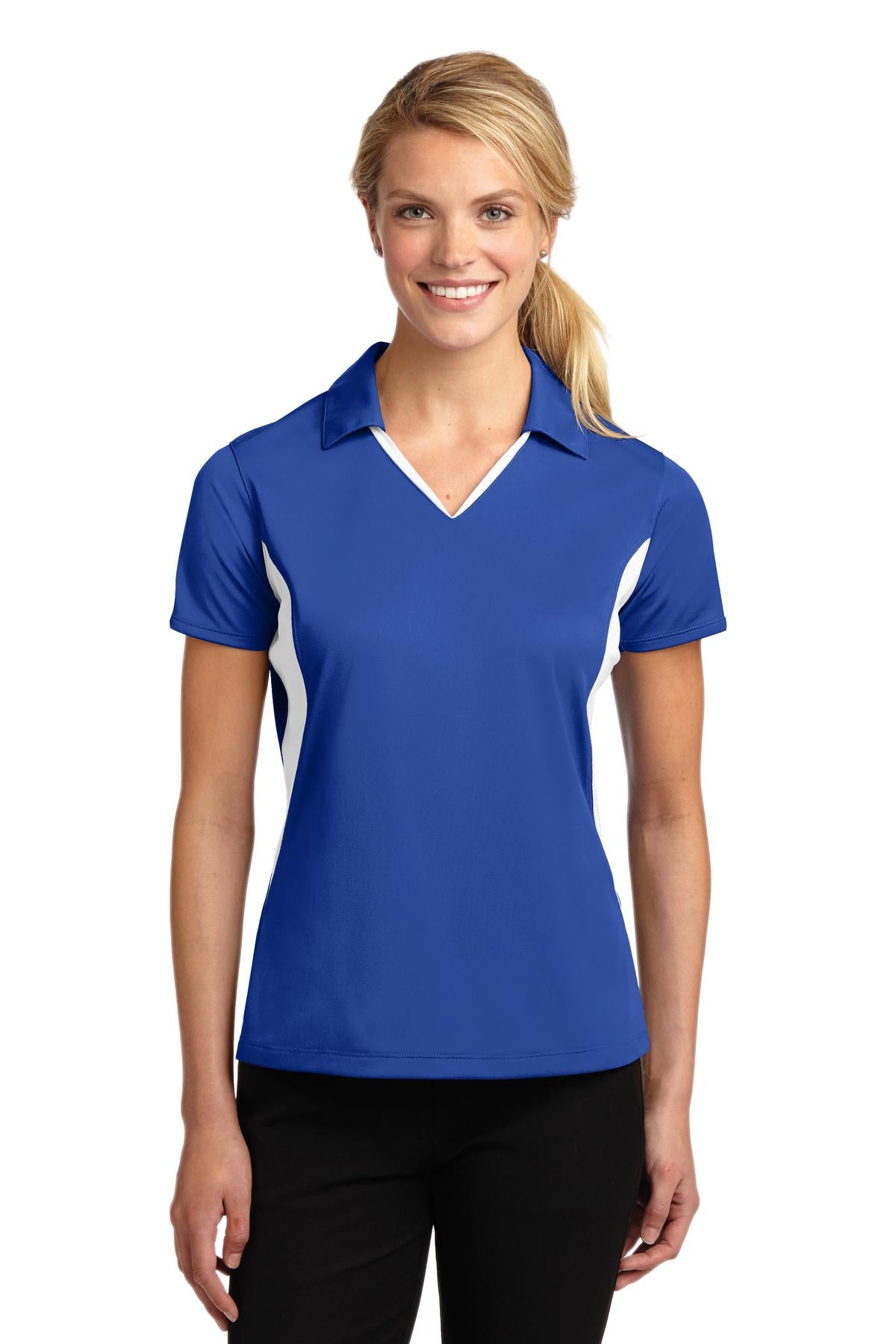 Sport-Tek Women's Side Blocked Micropique Sport-Wick Polo. LST655 True Royal/ White