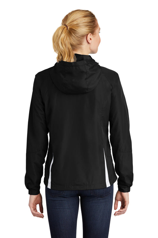 Sport-Tek Women's Colorblock Hooded Raglan Jacket. LST76 Black/ White