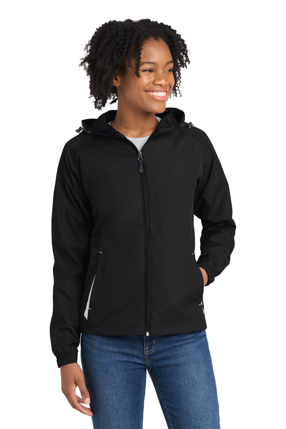 Sport-Tek Women's Colorblock Hooded Raglan Jacket LST76 Black/ White