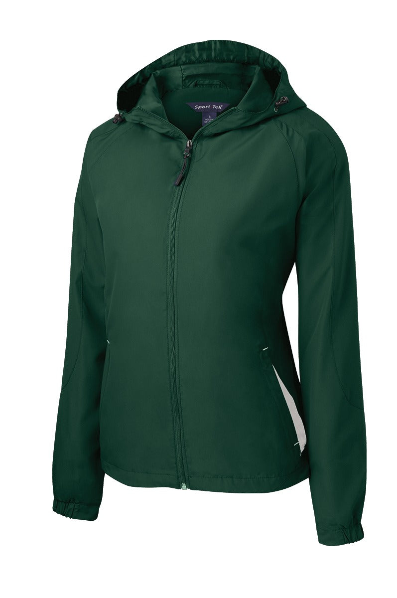 Sport-Tek Women's Colorblock Hooded Raglan Jacket. LST76 Forest Green/ White