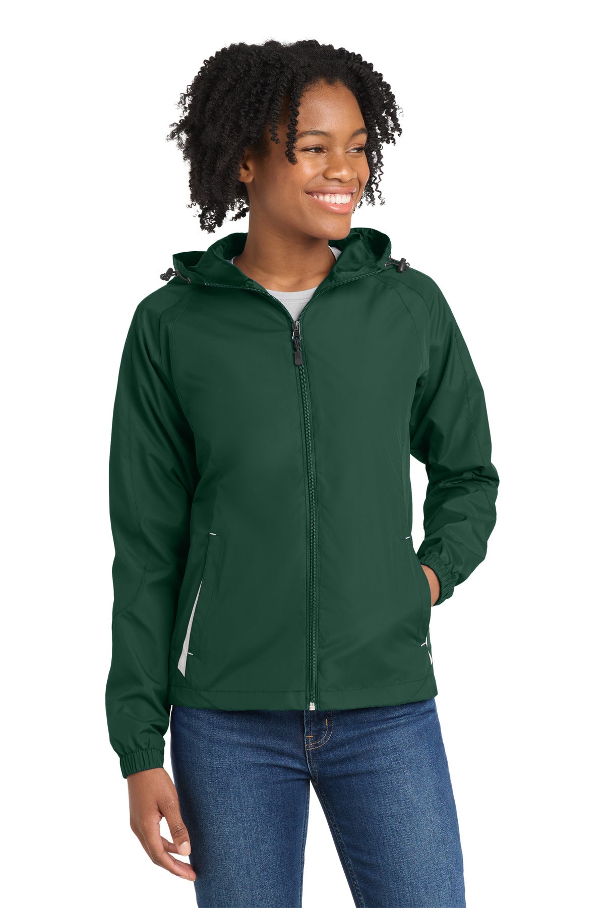 Sport-Tek Women's Colorblock Hooded Raglan Jacket LST76 Forest Green/ White