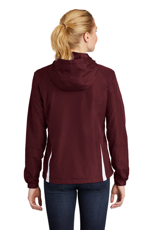 Sport-Tek Women's Colorblock Hooded Raglan Jacket. LST76 Maroon/ White
