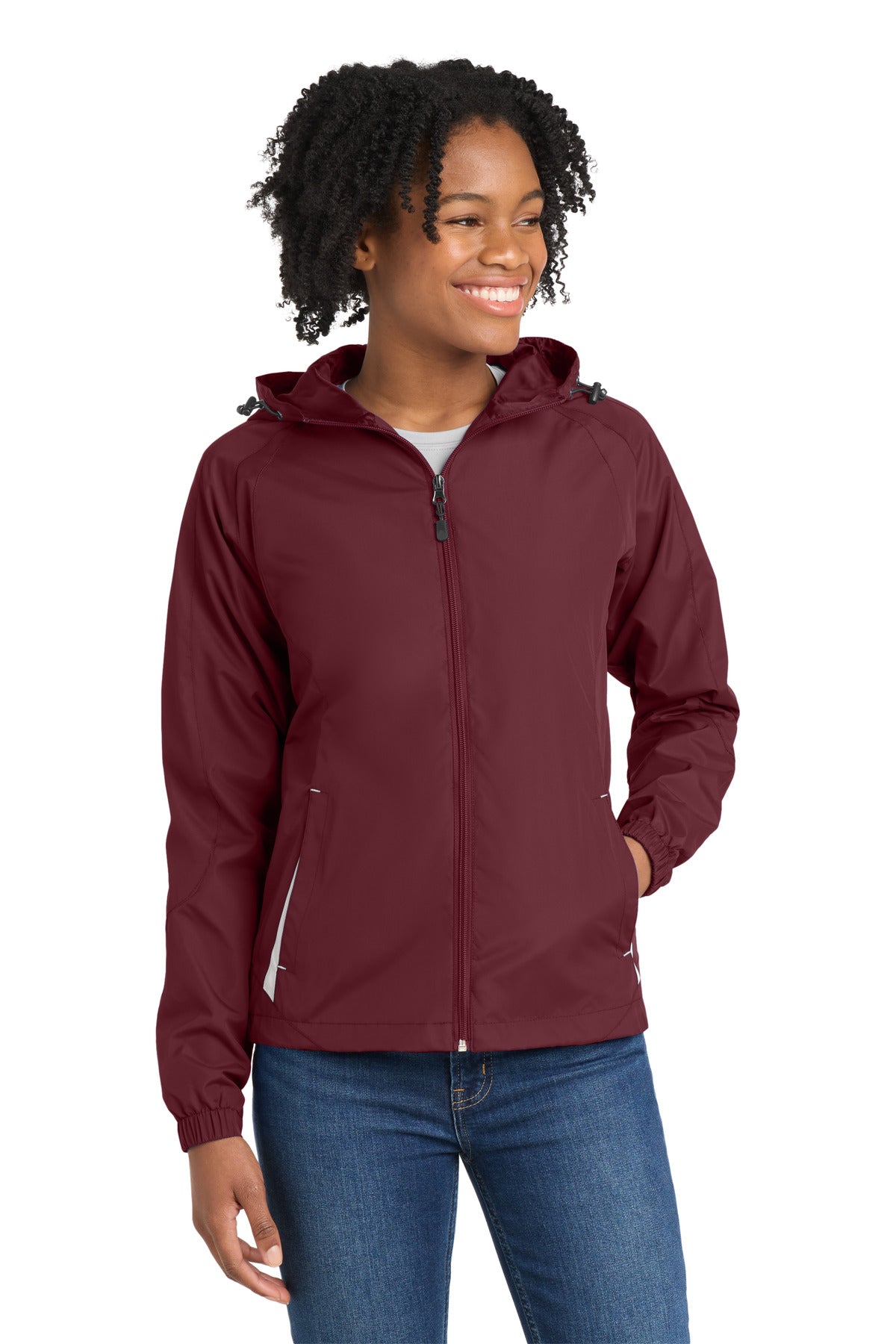 Sport-Tek Women's Colorblock Hooded Raglan Jacket LST76 Maroon/ White