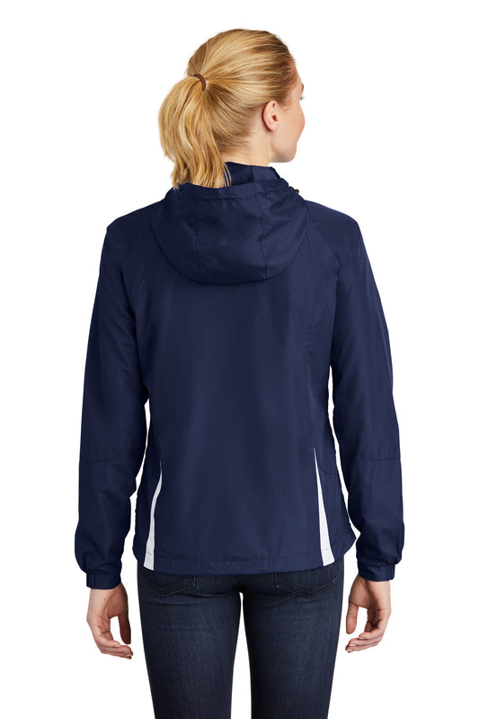 Sport-Tek Women's Colorblock Hooded Raglan Jacket. LST76 True Navy/ White