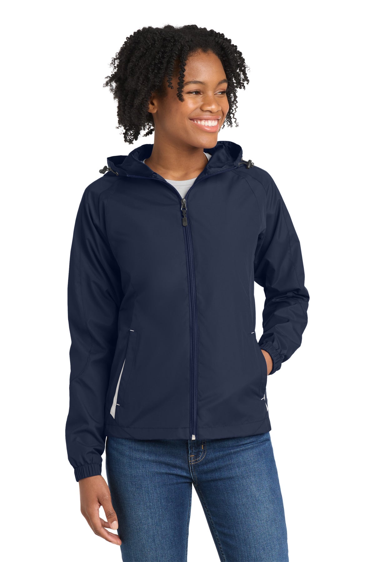 Sport-Tek Women's Colorblock Hooded Raglan Jacket LST76 True Navy/ White