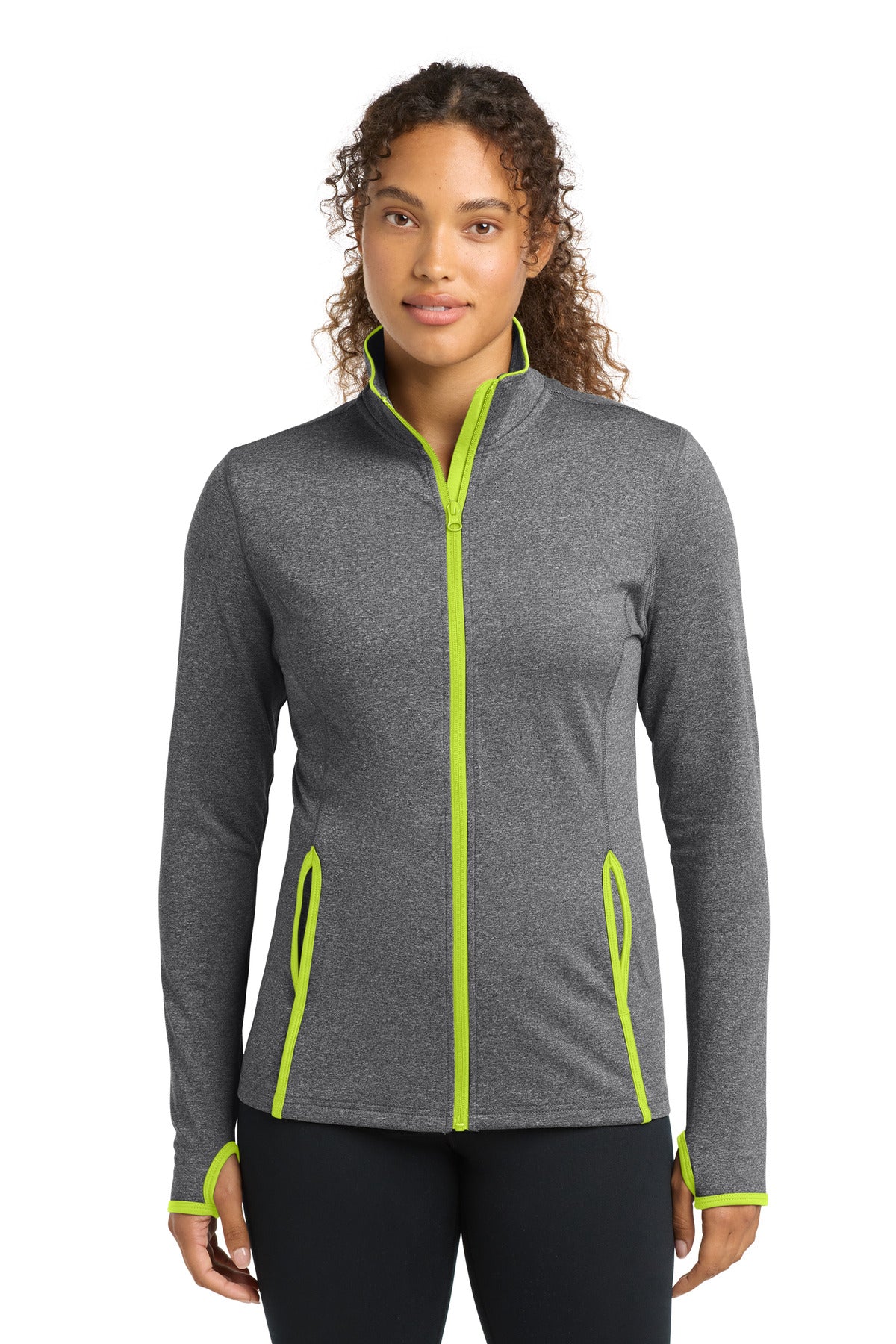 Sport-Tek Women's Sport-Wick Stretch Contrast Full-Zip Jacket LST853 Charcoal Grey Heather/ Charge Green
