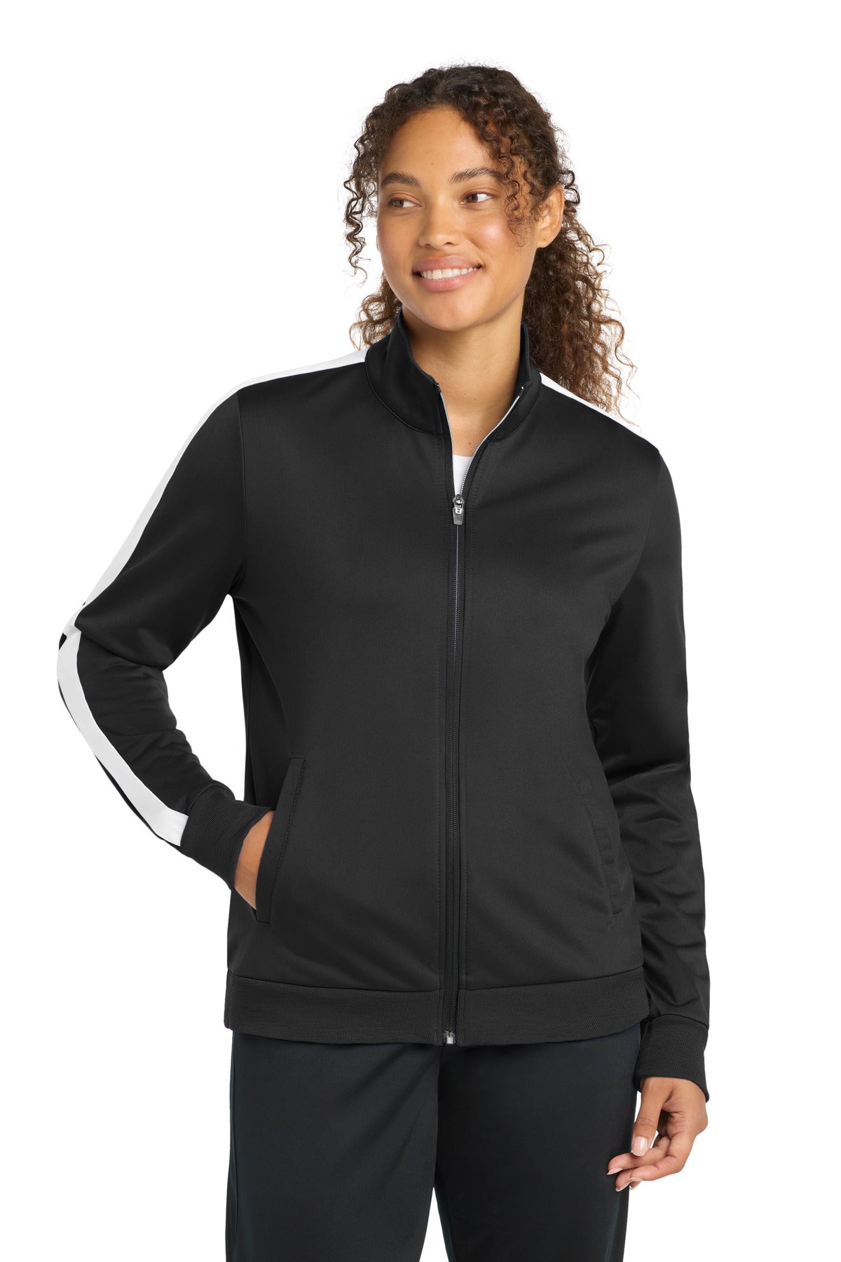 Sport-Tek Ladies Tricot Sleeve Stripe Track Jacket LST94 Black/ White