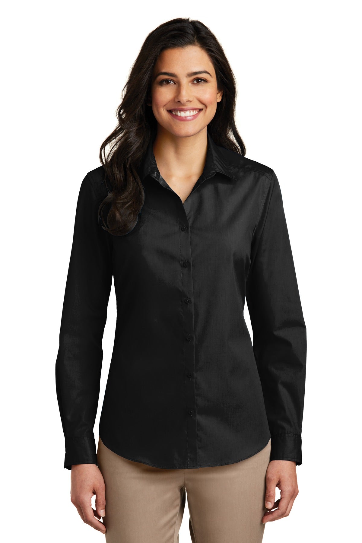 Port Authority Women's Long Sleeve Carefree Poplin Shirt LW100 Deep Black
