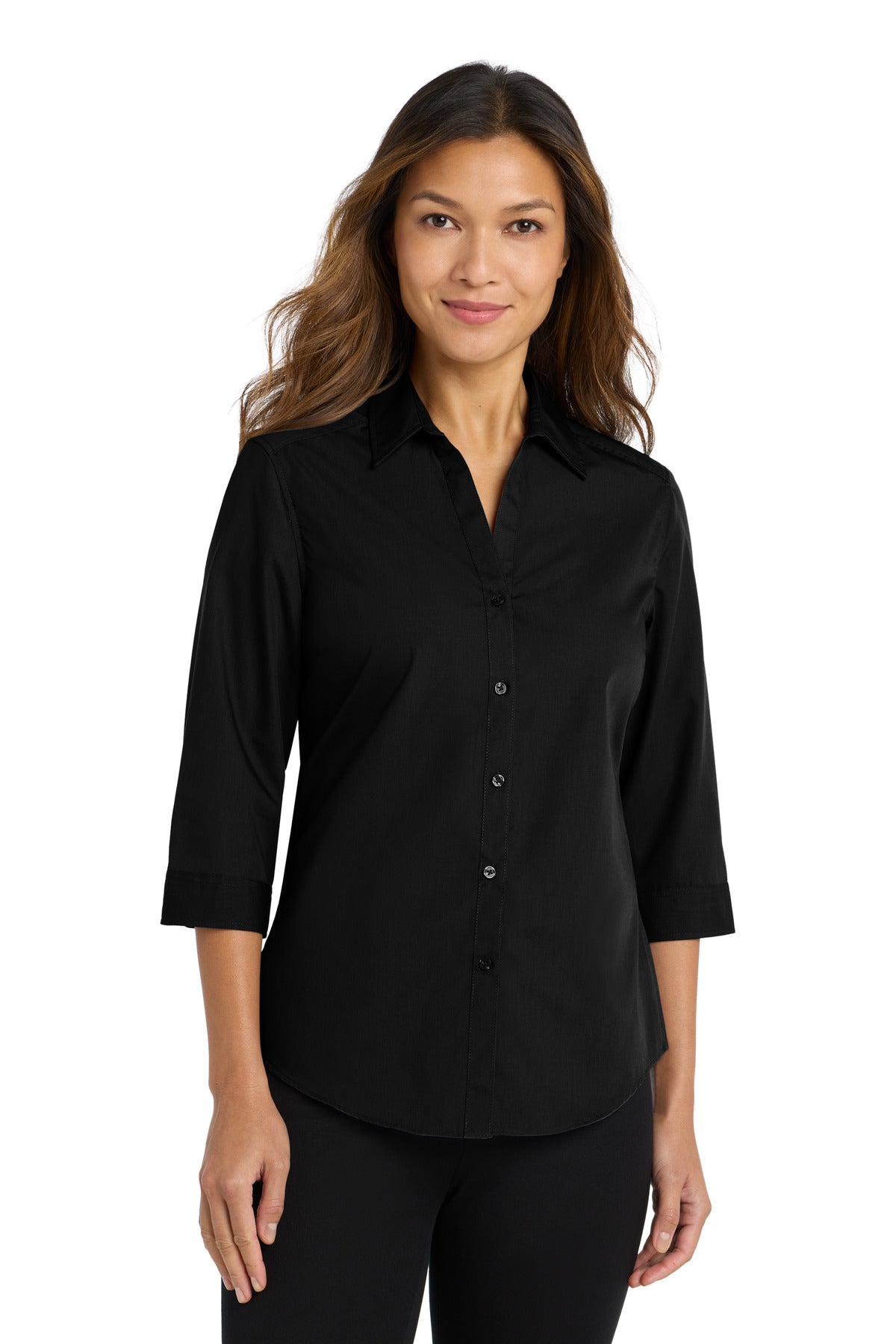 Port Authority Women's 3/4-Sleeve Carefree Poplin Shirt LW102 Deep Black