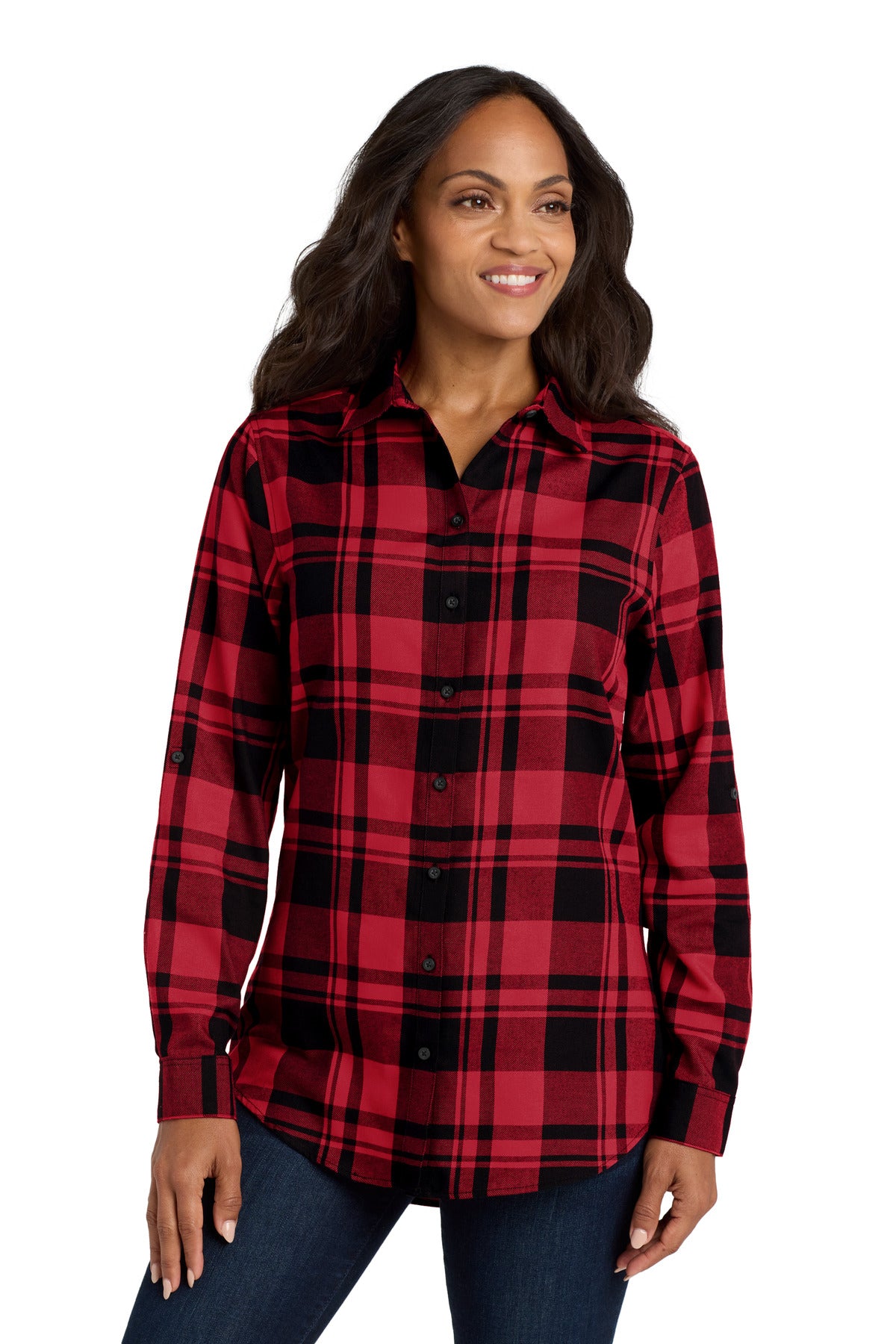 Port Authority Women's Plaid Flannel Tunic LW668 Engine Red/ Black