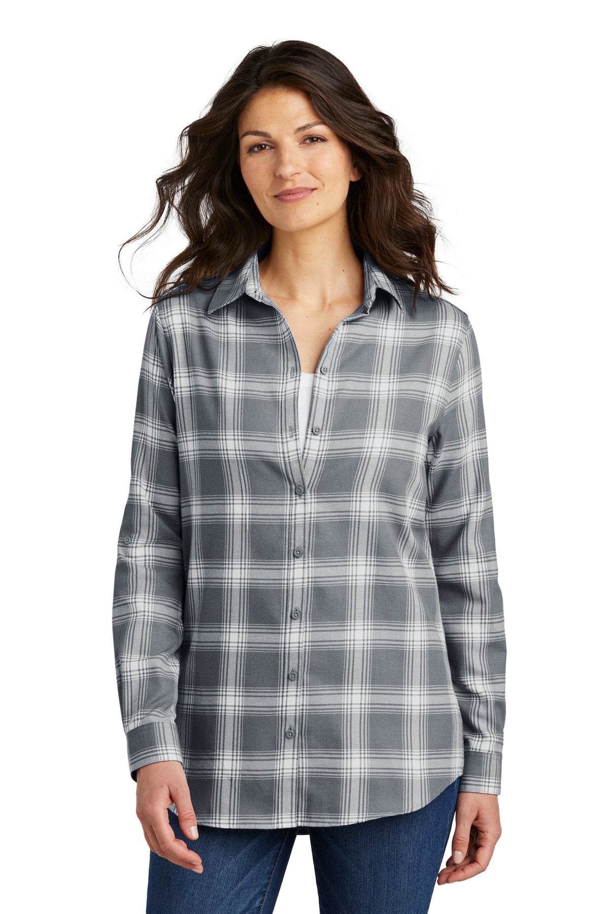 Port Authority Women's Plaid Flannel Tunic LW668 Grey/ Cream Open Plaid