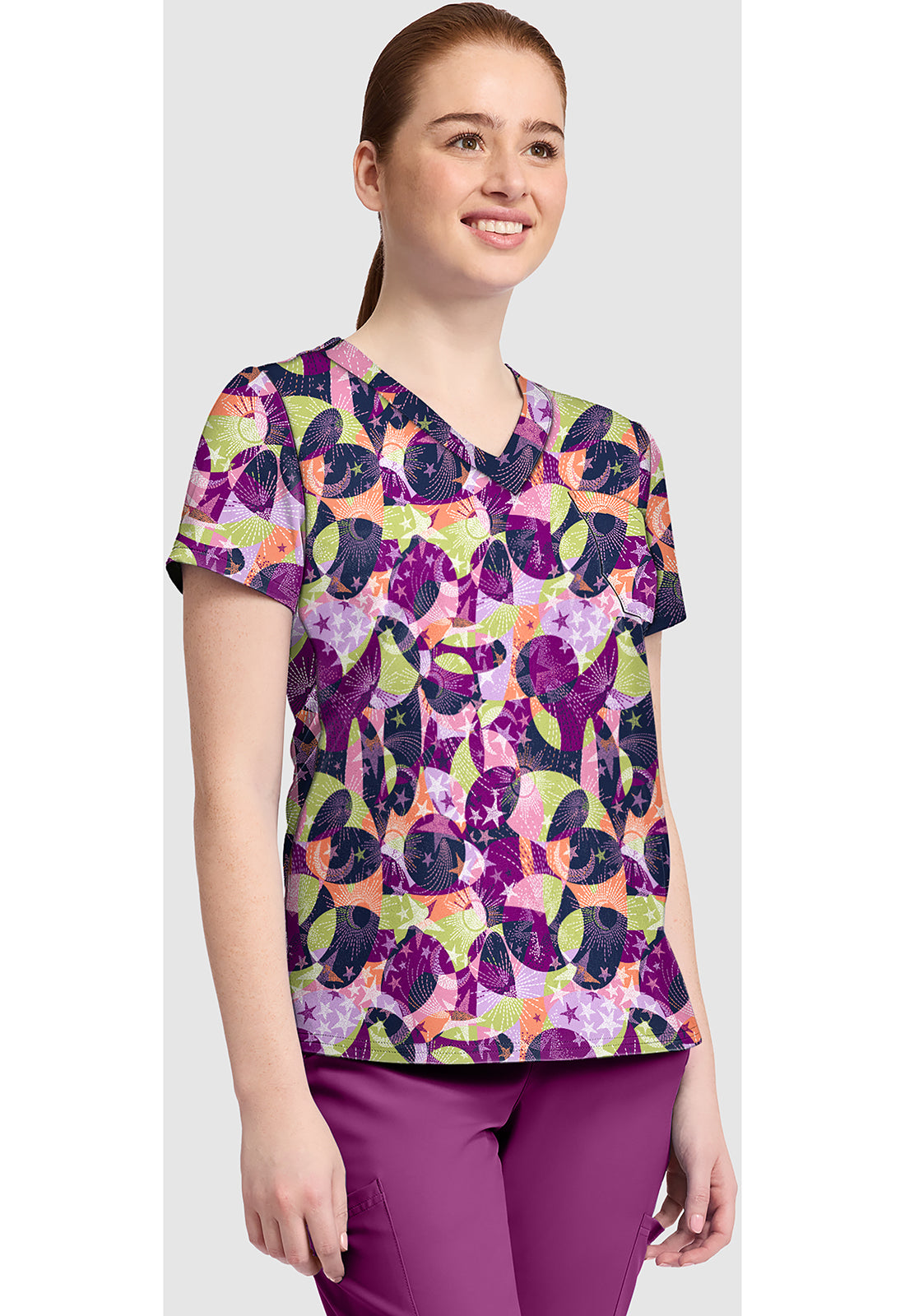 Prints MC632 Women's Print V-Neck Scrub Top Star Bright