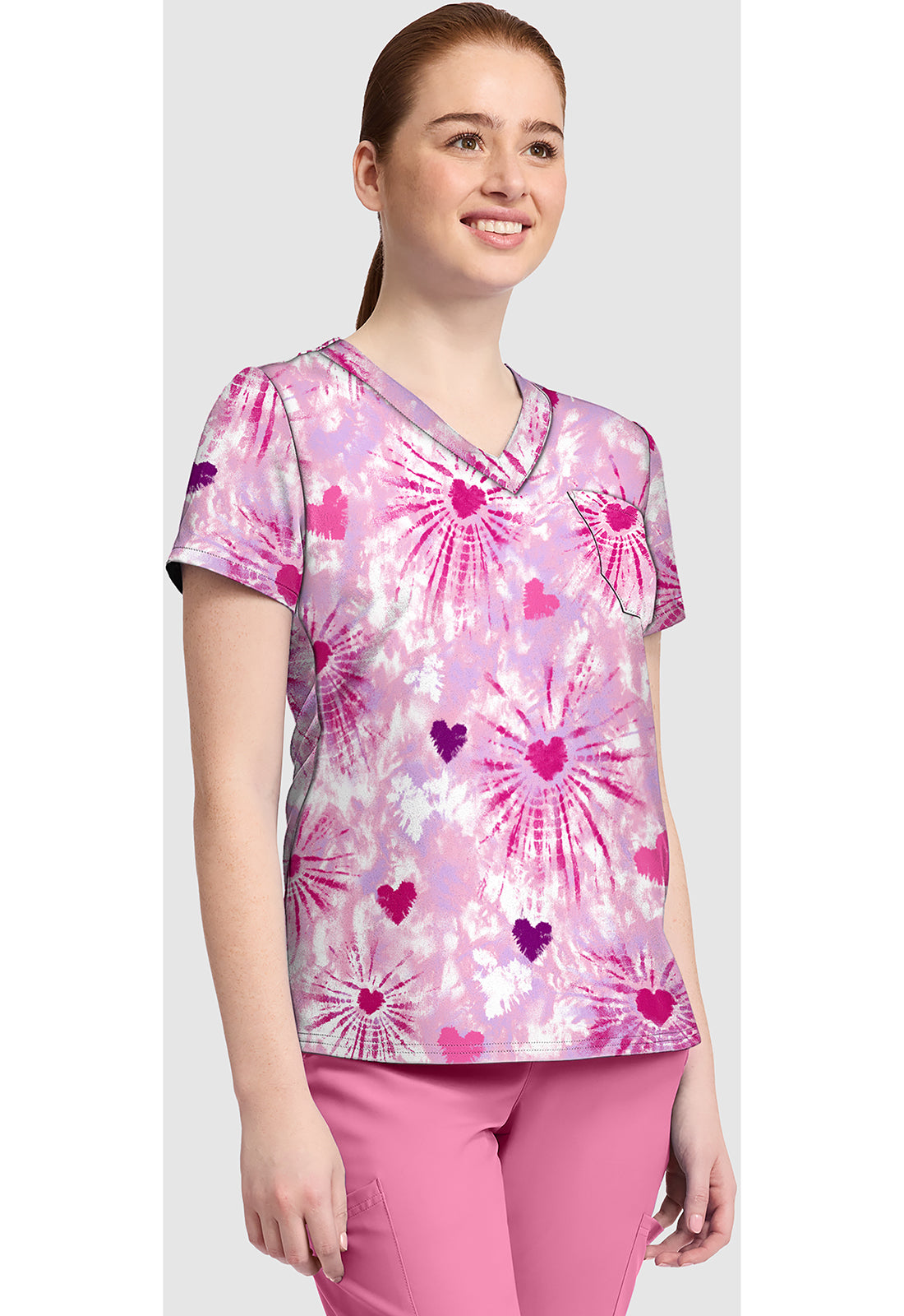 Prints MC632 Women's Print V-Neck Scrub Top Tie Dye Hearts