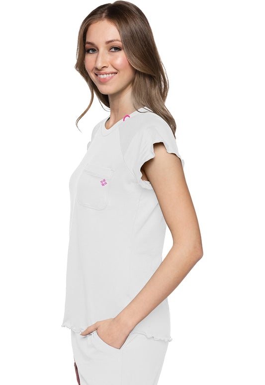 Layers MC706 Knit Lettuce-Edged Top White Model Image Right Side | Med Couture