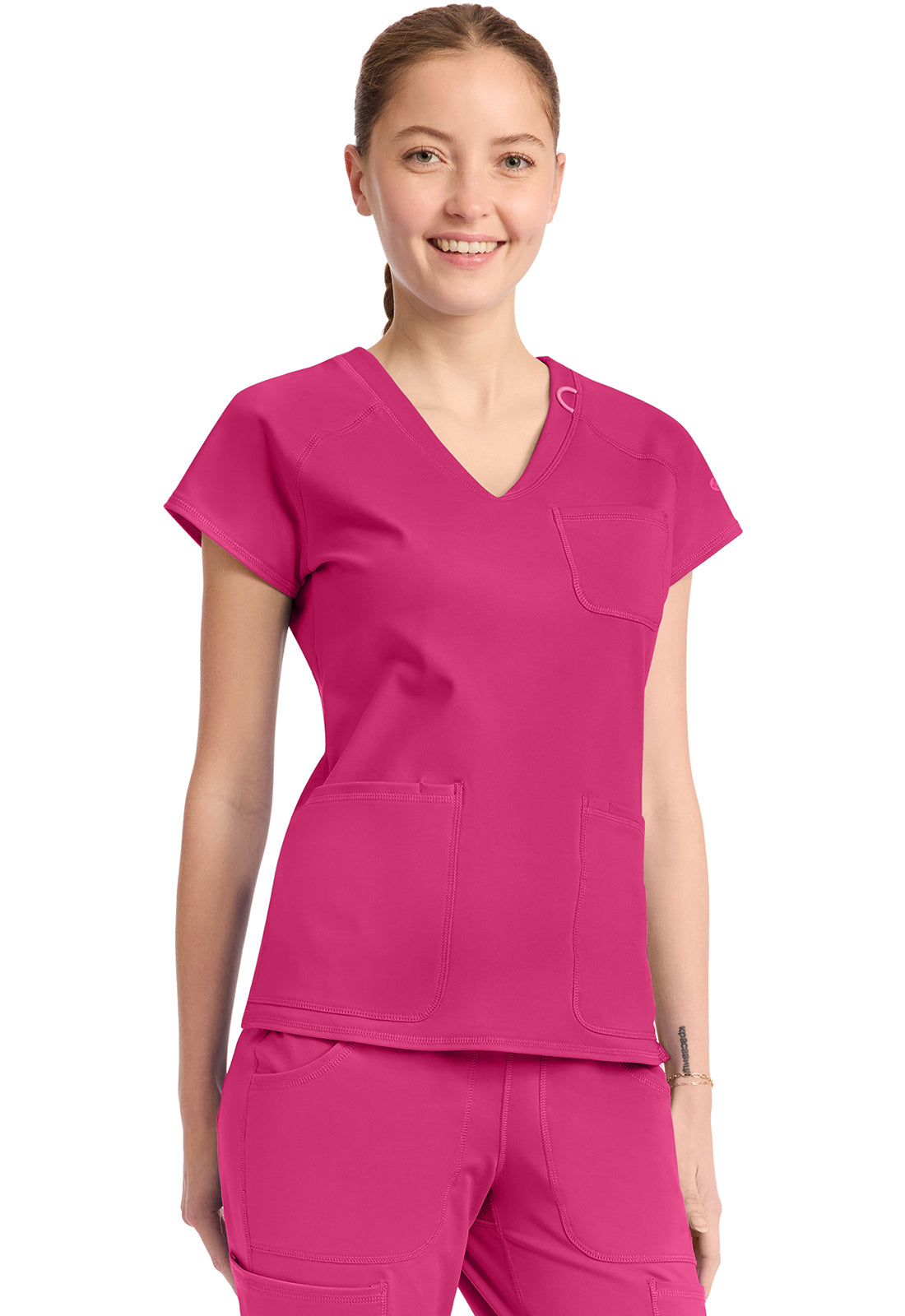 Amp Knit MC752 Women's Raglan V-Neck Scrub Top Pink Power