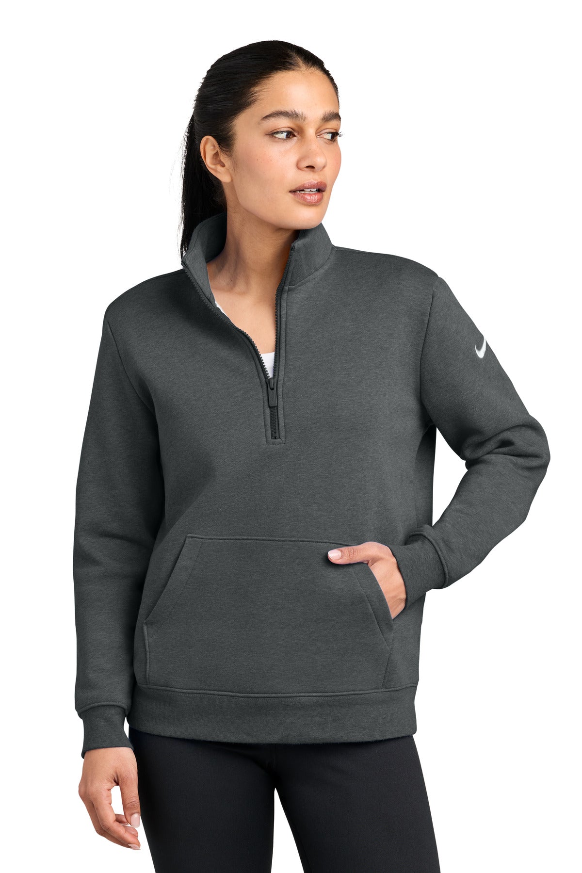 Nike Women's Club Fleece Sleeve Swoosh 1/2-Zip NKDX6720 Charcoal Heather
