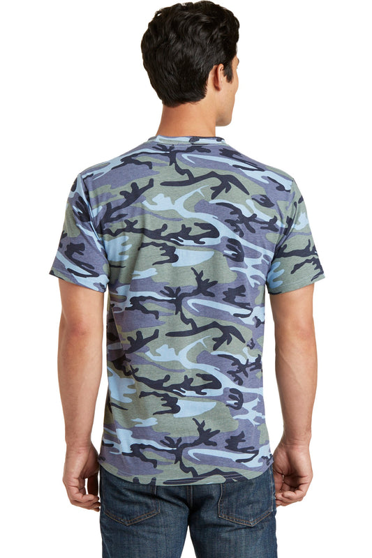 Port & Company Core Cotton Camo Tee. PC54C Woodland Blue Camo