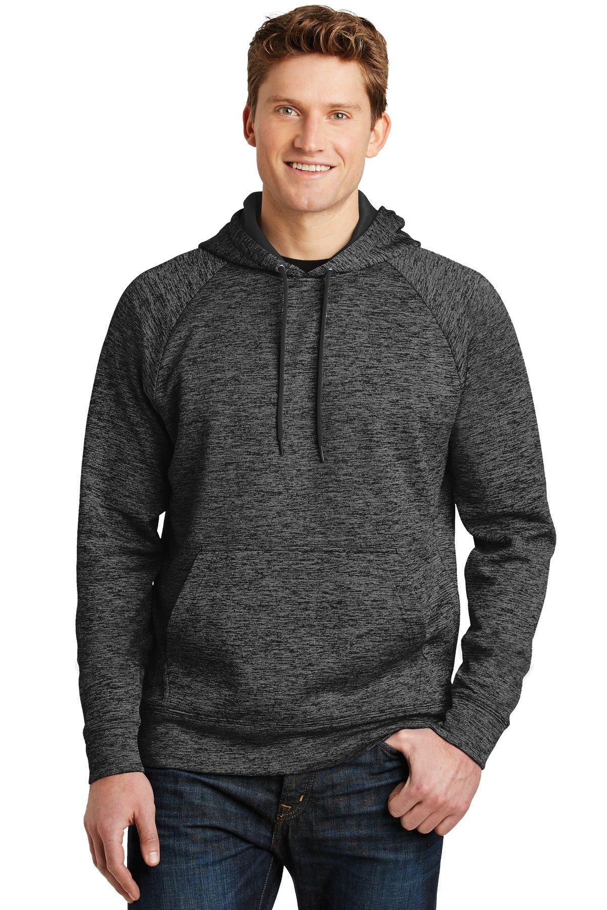 Sport-Tek PosiCharge Electric Heather Fleece Hooded Pullover. ST225 Grey-Black Electric