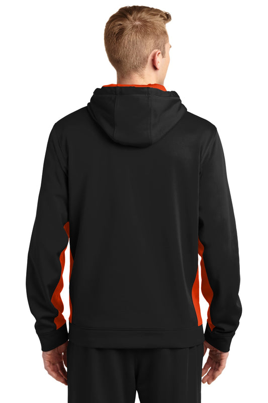 Sport-Tek Sport-Wick Fleece Colorblock Hooded Pullover. ST235 Black/ Deep Orange