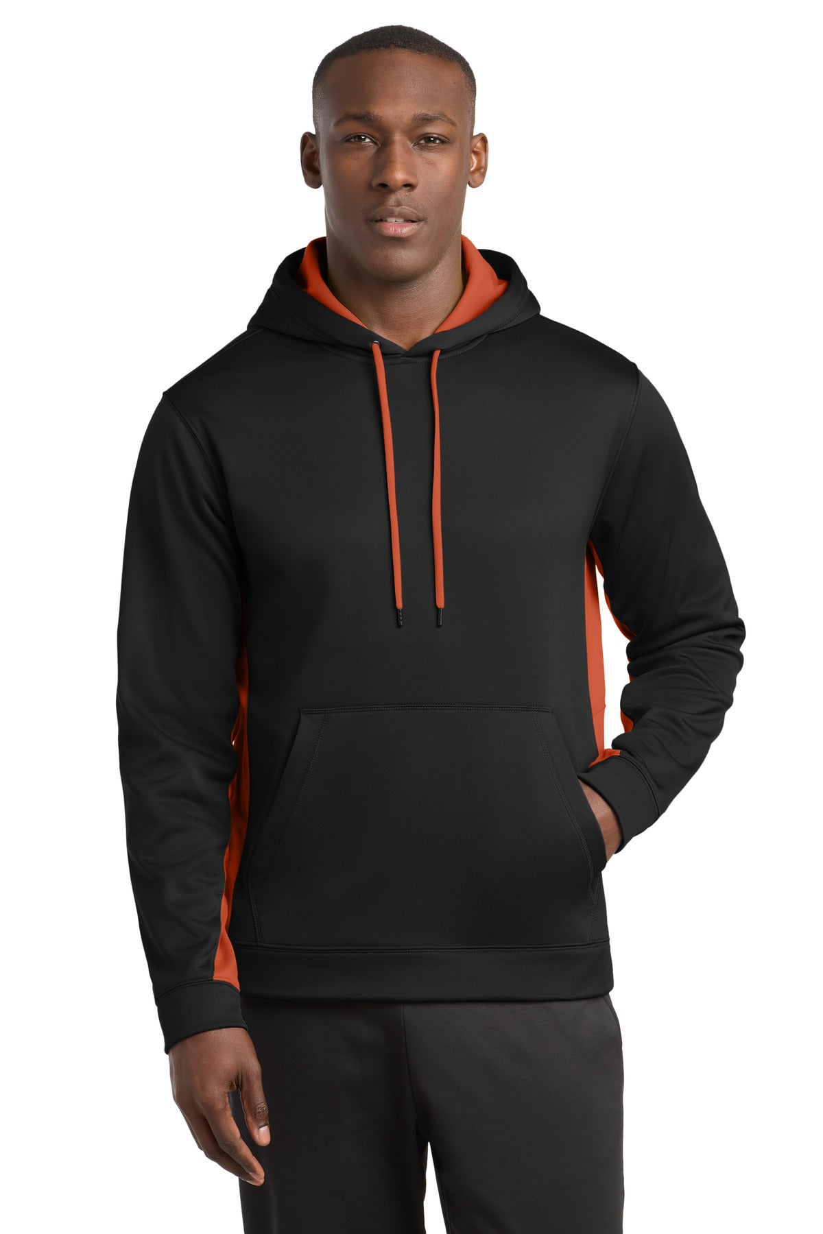 Sport-Tek Sport-Wick Fleece Colorblock Hooded Pullover ST235 Black/ Deep Orange