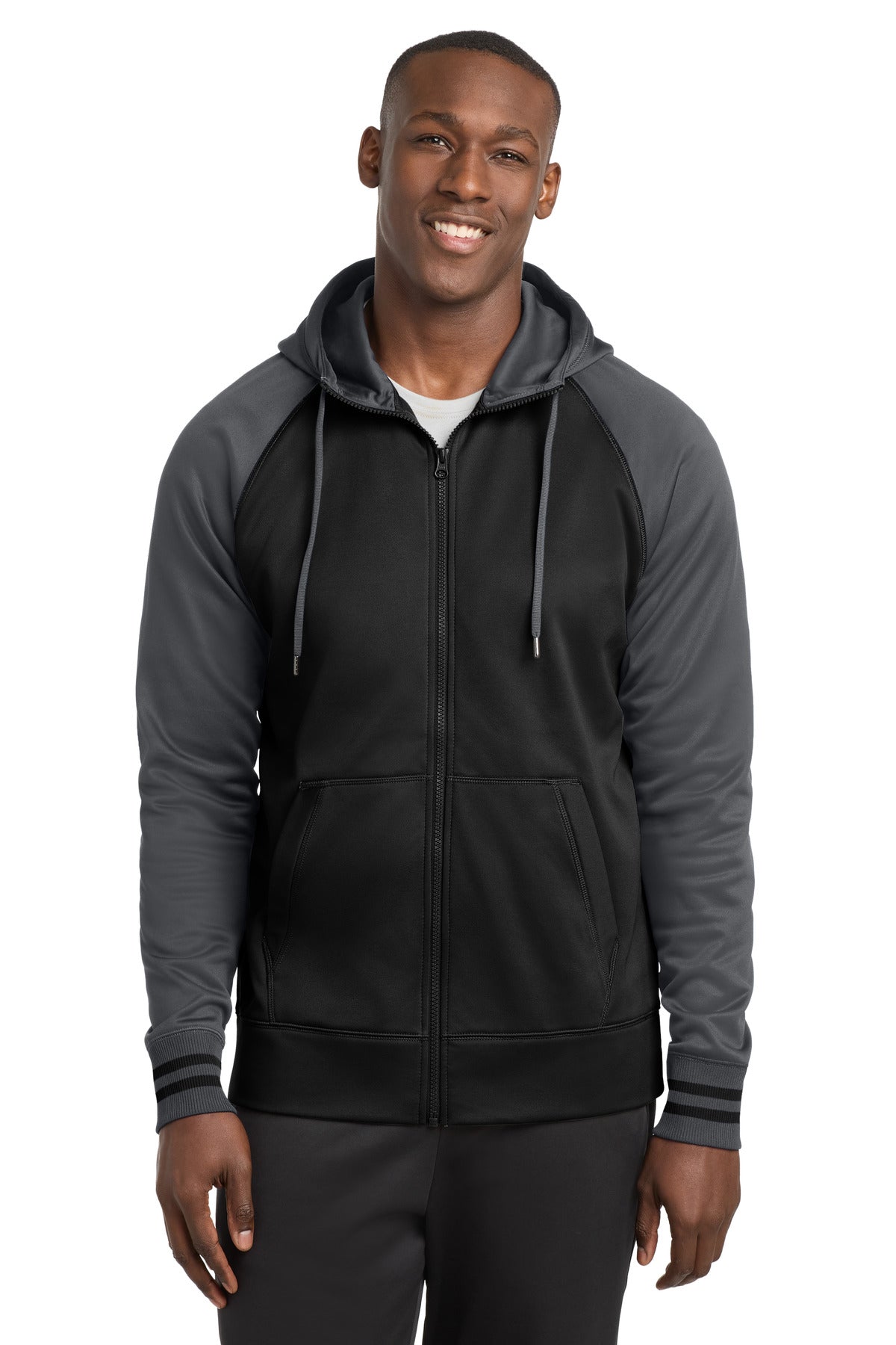 Sport-Tek Sport-Wick Varsity Fleece Full-Zip Hooded Jacket ST236 Black/ Dark Smoke Grey