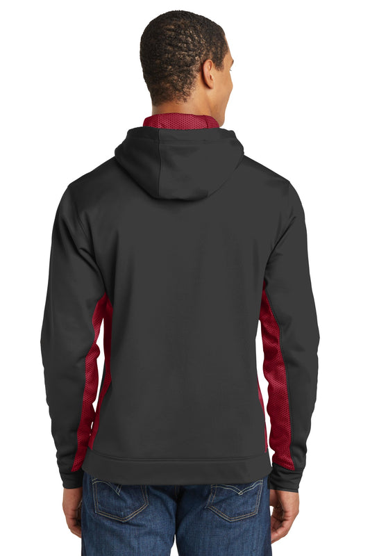 Sport-Tek Sport-Wick CamoHex Fleece Colorblock Hooded Pullover. ST239 Black/ Deep Red