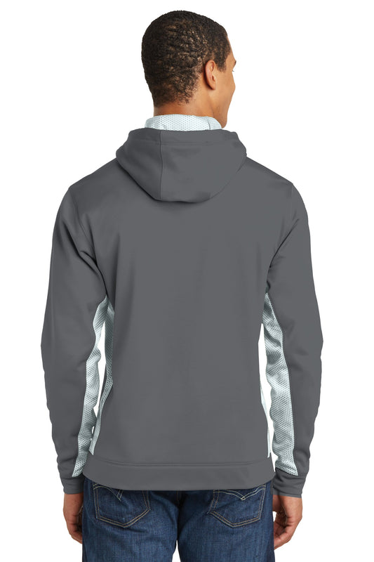 Sport-Tek Sport-Wick CamoHex Fleece Colorblock Hooded Pullover. ST239 Dark Smoke Grey/ White