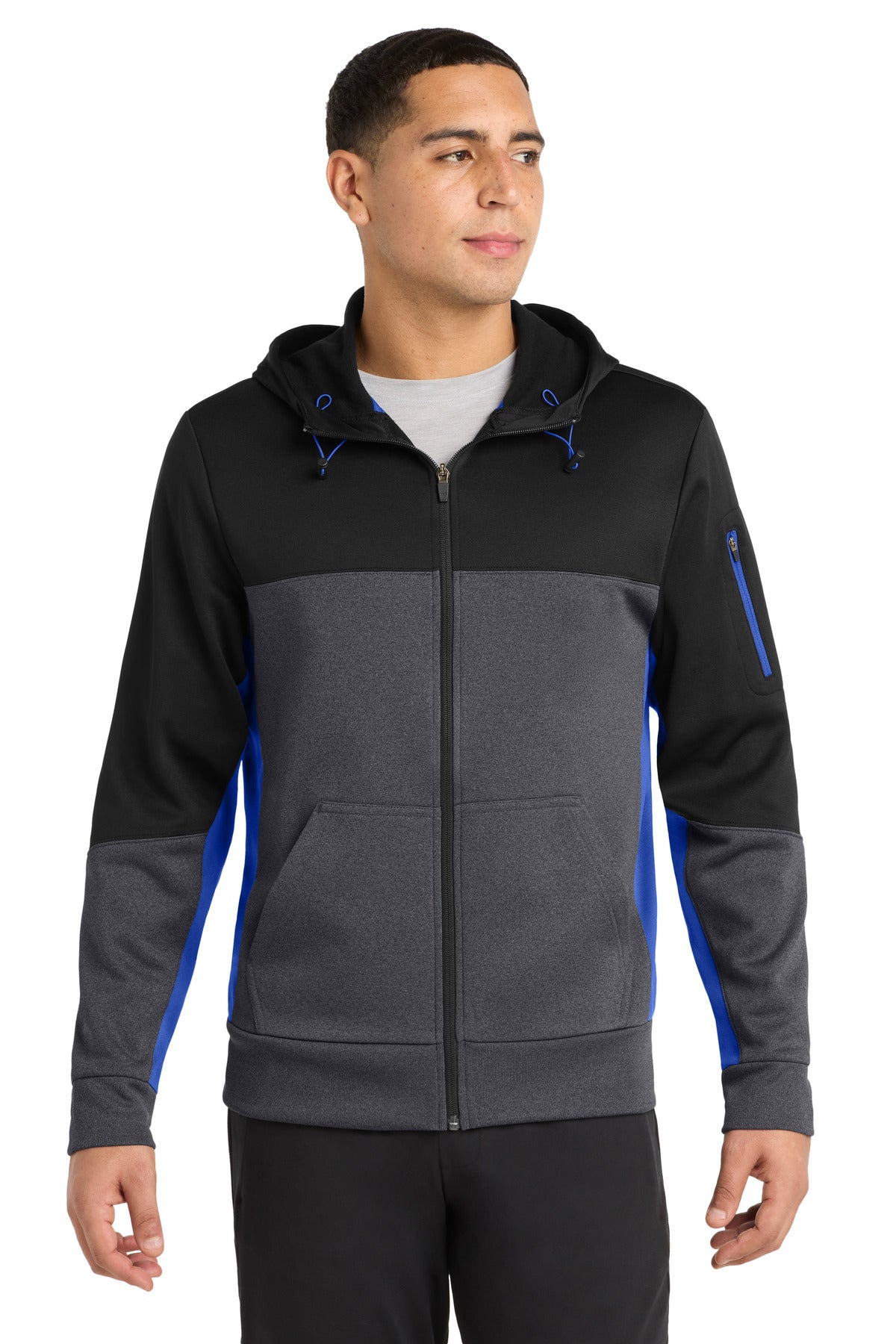 Sport-Tek Tech Fleece Colorblock Full-Zip Hooded Jacket ST245 Black/ Graphite Heather/ True Royal