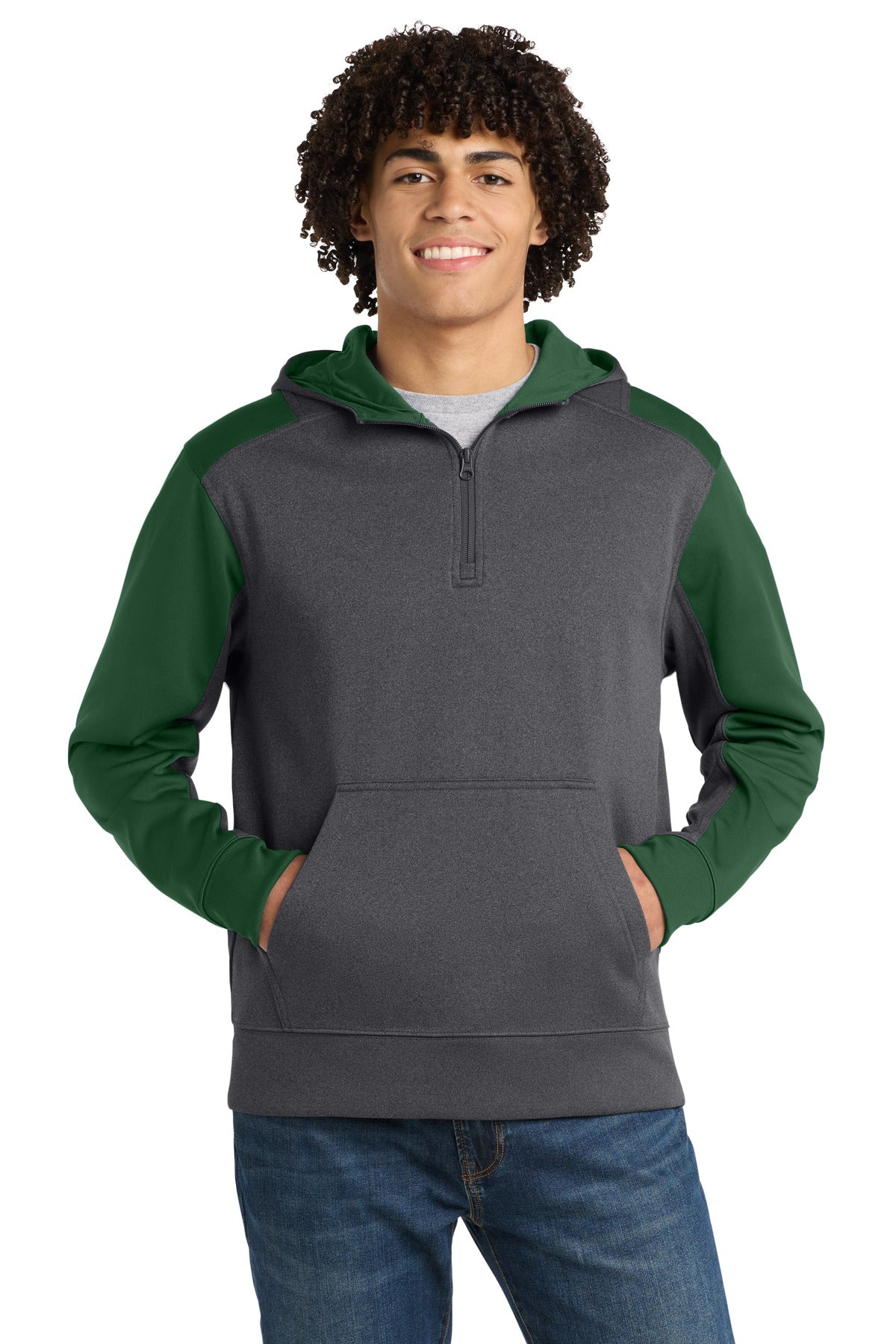 Sport-Tek Tech Fleece Colorblock 1/4-Zip Hooded Sweatshirt ST249 Graphite Heather/ Forest Green
