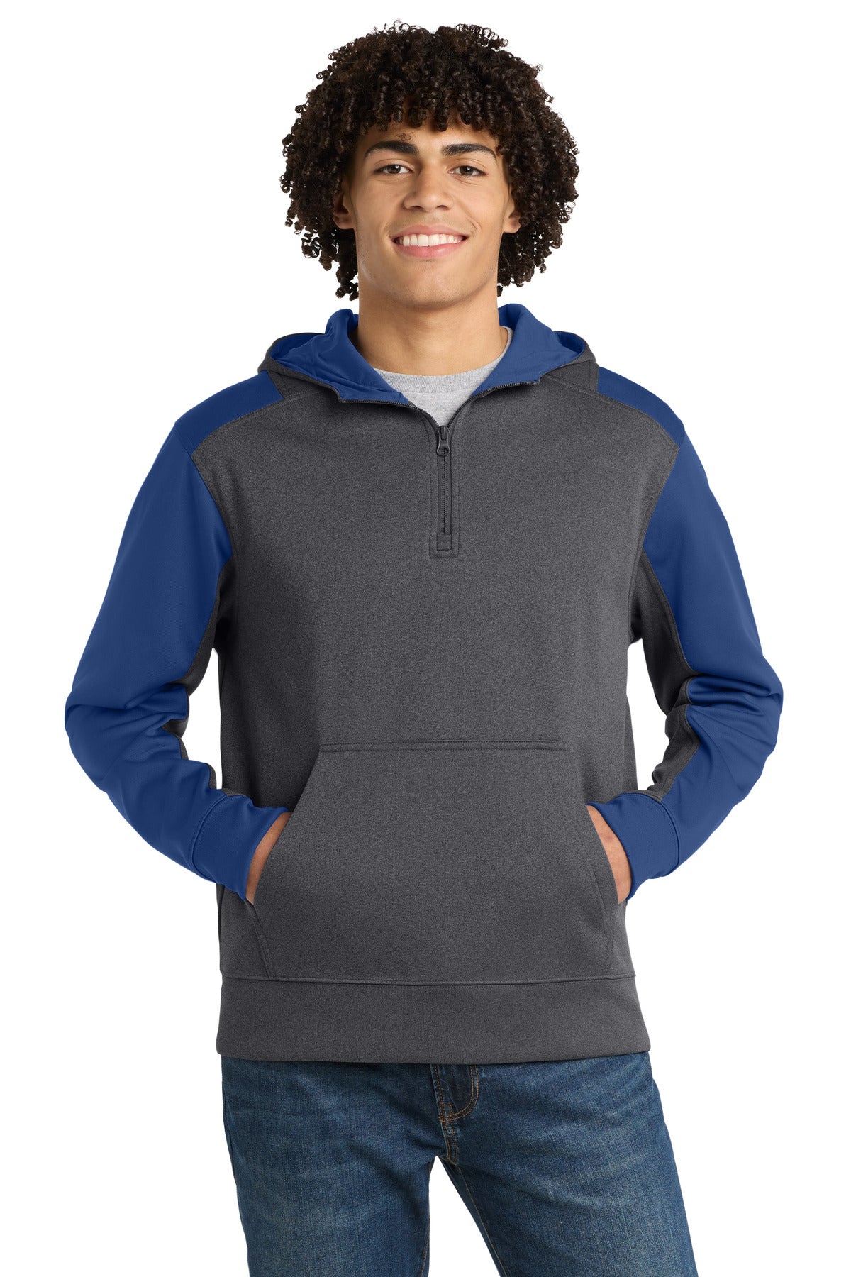Sport-Tek Tech Fleece Colorblock 1/4-Zip Hooded Sweatshirt ST249 Graphite Heather/ True Royal