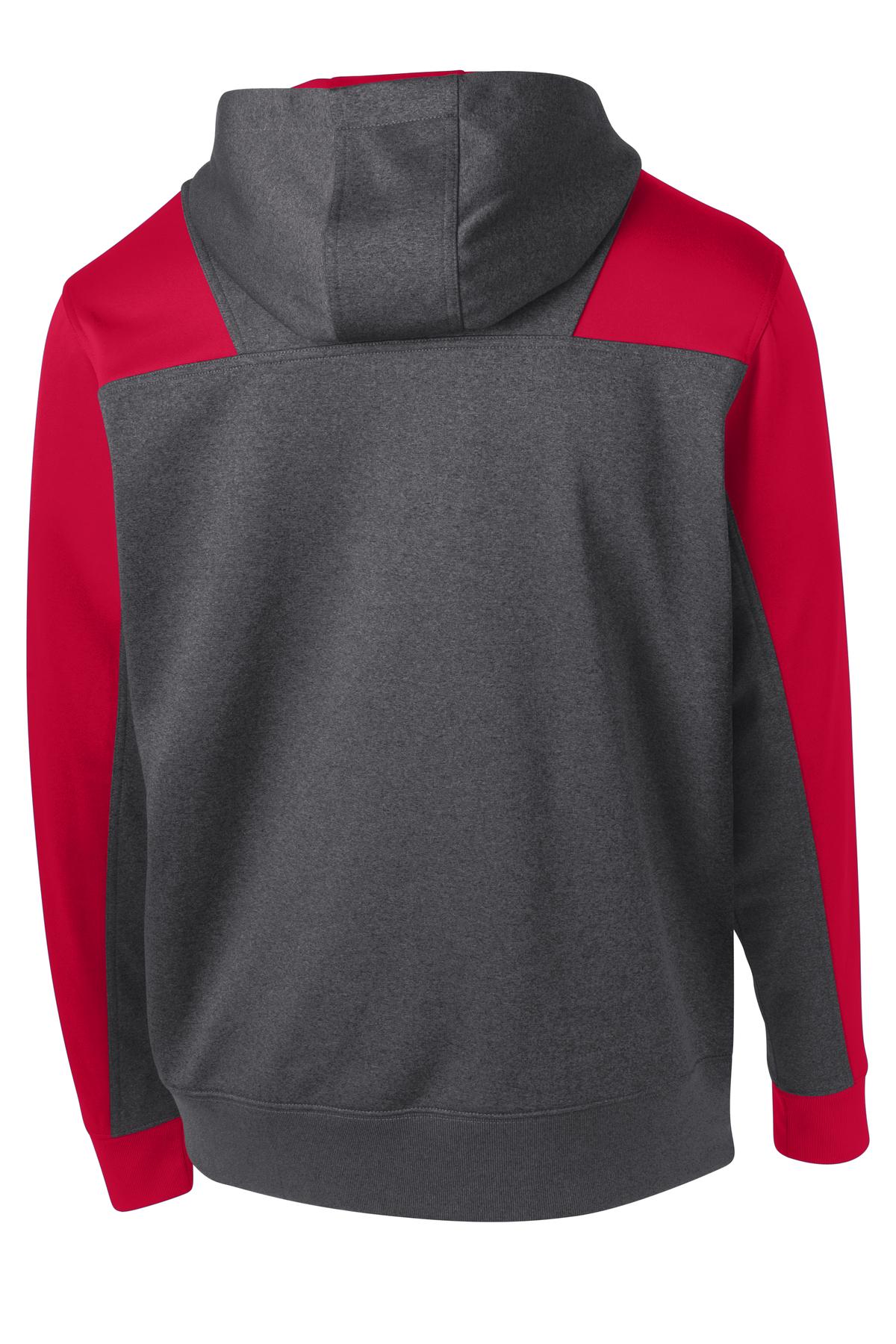 Sport-Tek Tech Fleece Colorblock 1/4-Zip Hooded Sweatshirt. ST249 Graphite Heather/ True Red