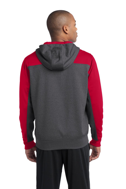 Sport-Tek Tech Fleece Colorblock 1/4-Zip Hooded Sweatshirt. ST249 Graphite Heather/ True Red