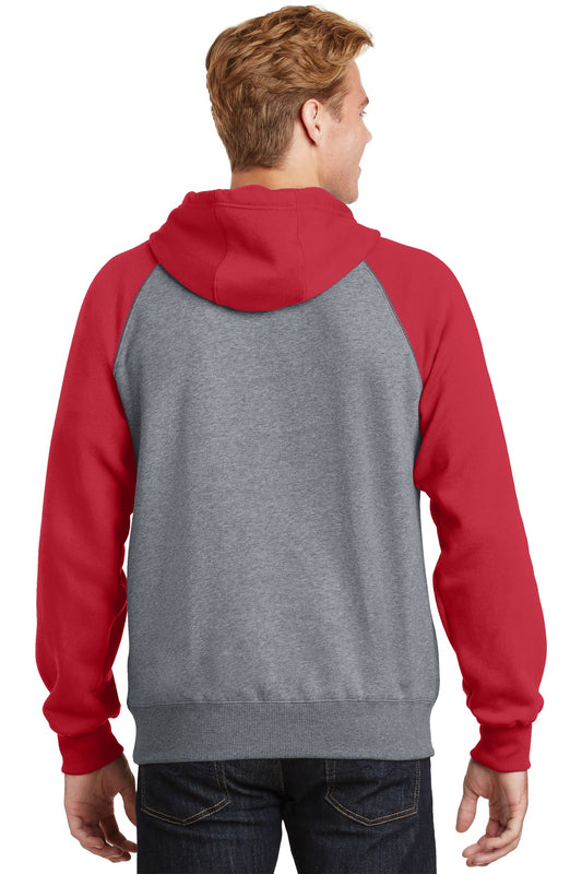 Sport-Tek Raglan Colorblock Pullover Hooded Sweatshirt. ST267 True Red/ Vintage Heather
