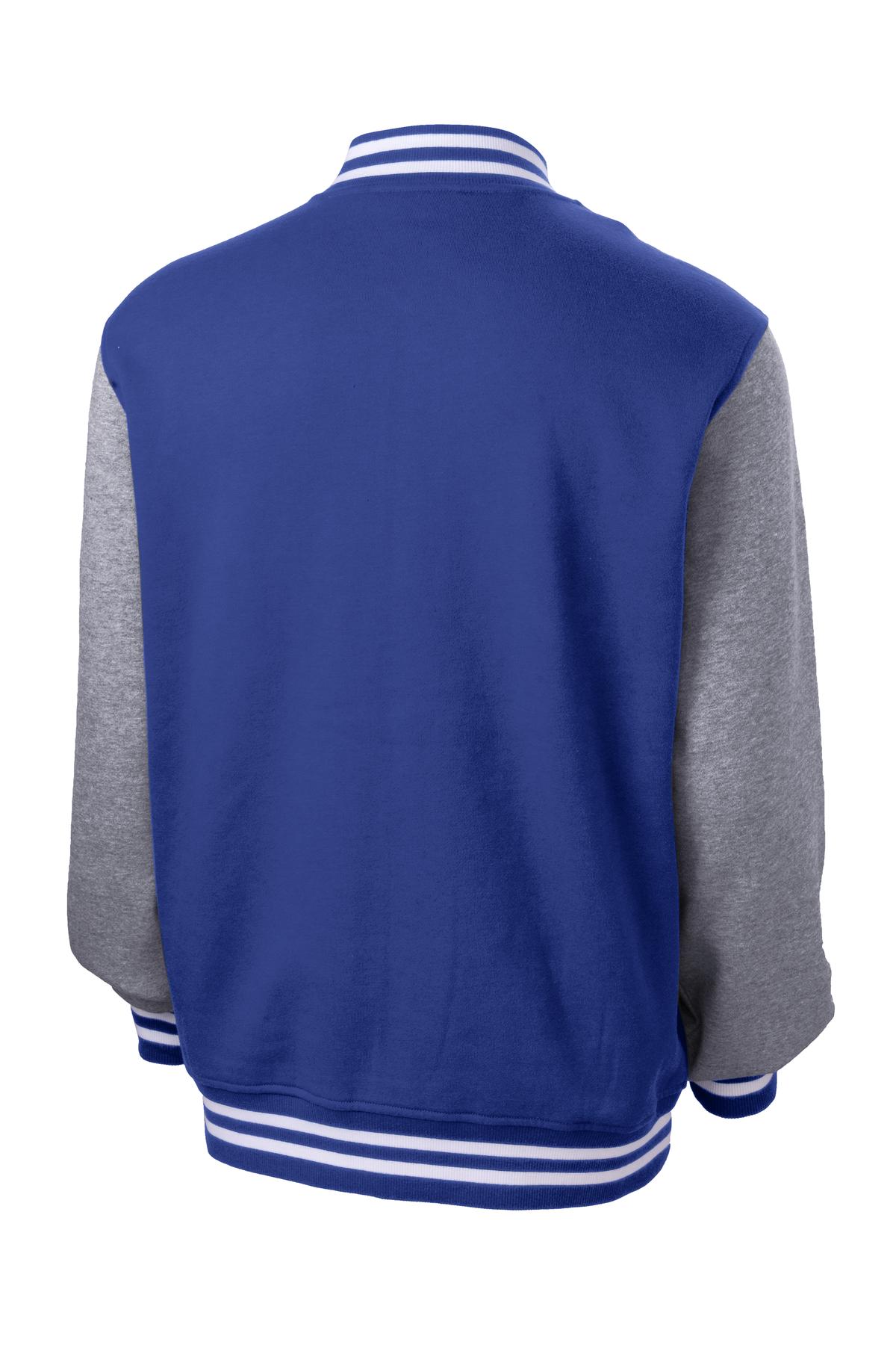 Sport-Tek Fleece Letterman Jacket. ST270 True Royal/ Vintage Heather