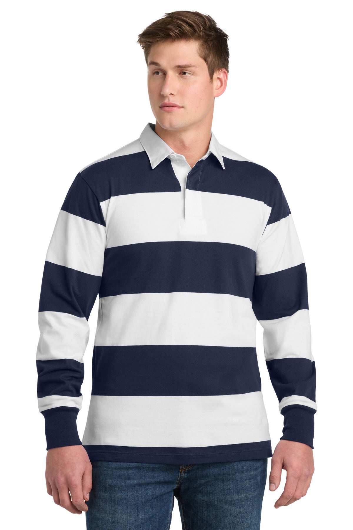 Sport-Tek Classic Long Sleeve Rugby Polo ST301 True Navy/ White