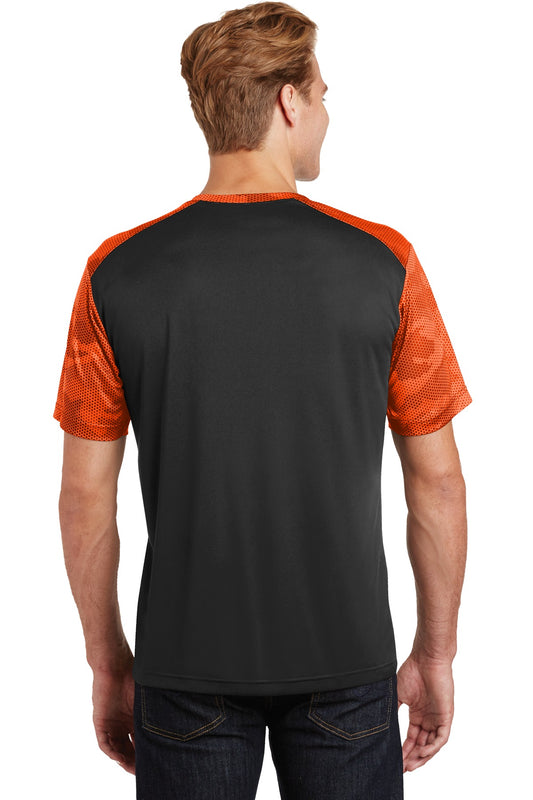 Sport-Tek CamoHex Colorblock Tee. ST371 Black/ Neon Orange