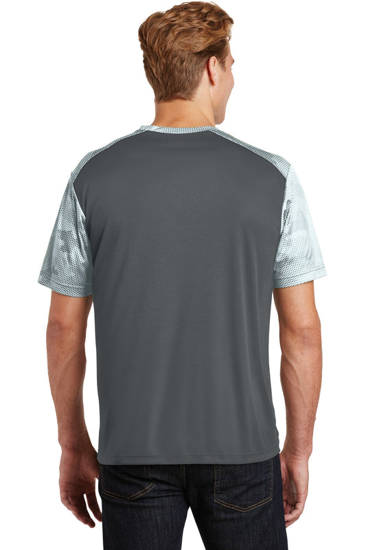 Sport-Tek CamoHex Colorblock Tee. ST371 Iron Grey/ White