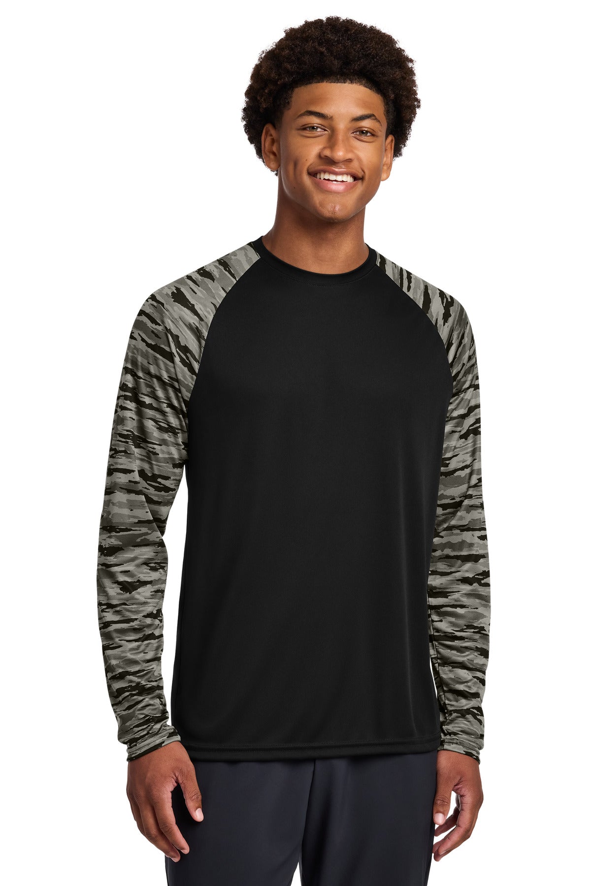 Sport-Tek Drift Camo Colorblock Long Sleeve Tee ST376LS Black