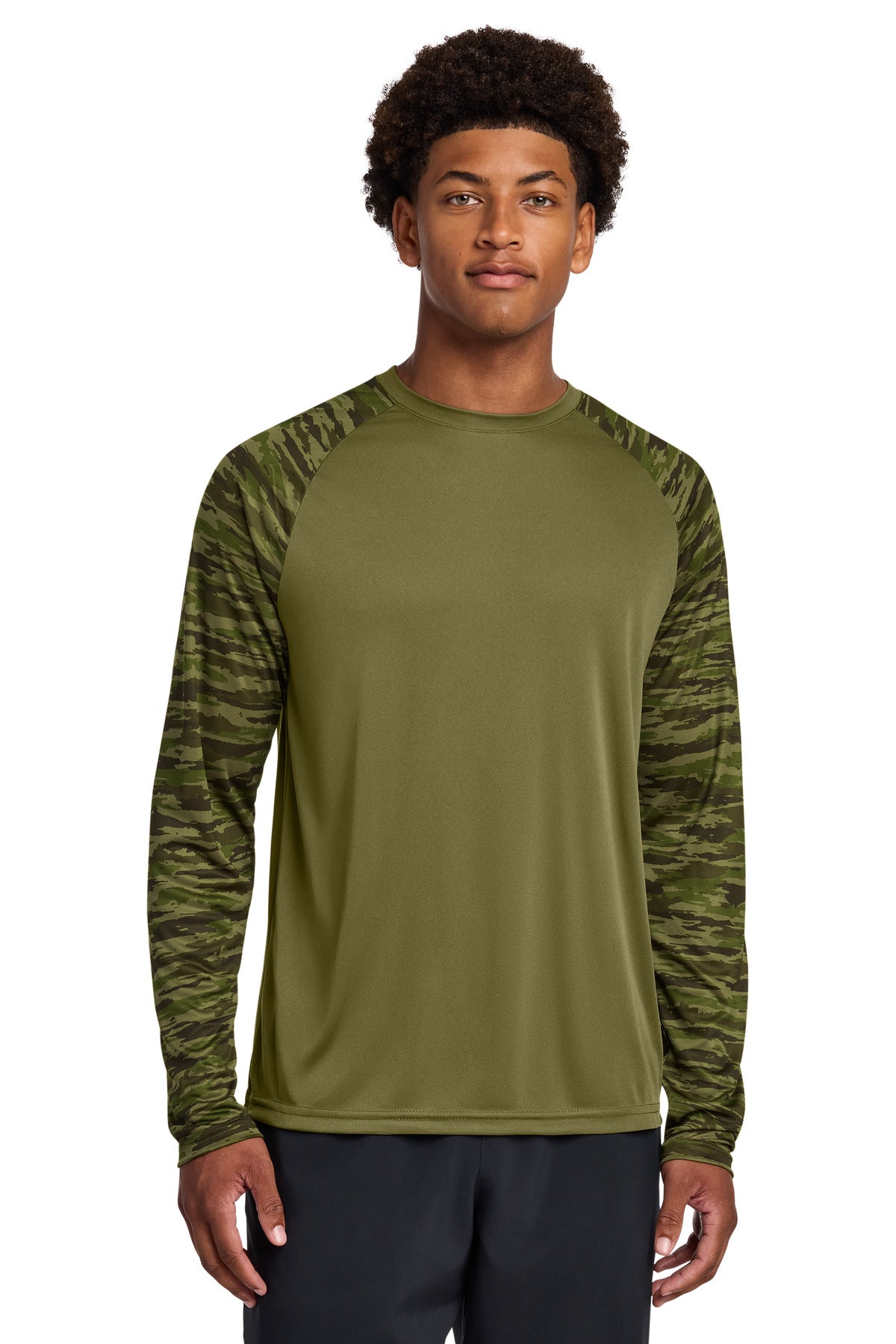 Sport-Tek Drift Camo Colorblock Long Sleeve Tee ST376LS Olive Drab Green
