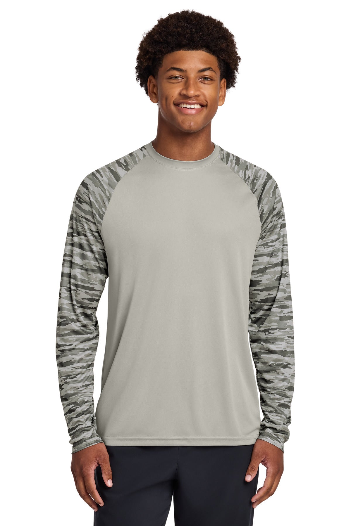 Sport-Tek Drift Camo Colorblock Long Sleeve Tee ST376LS Silver