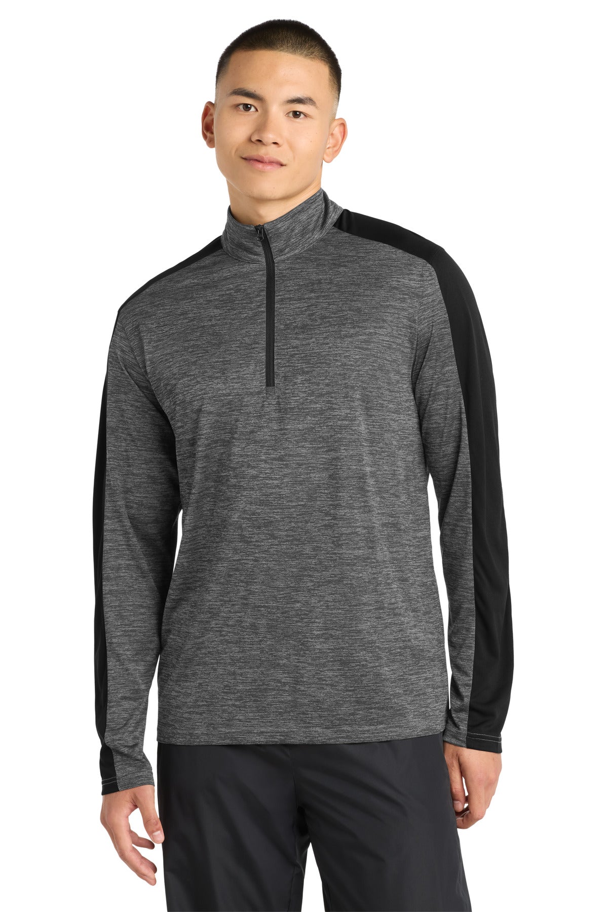 Sport-Tek PosiCharge Electric Heather Colorblock 1/4-Zip Pullover ST397 Grey-Black Electric/ Black