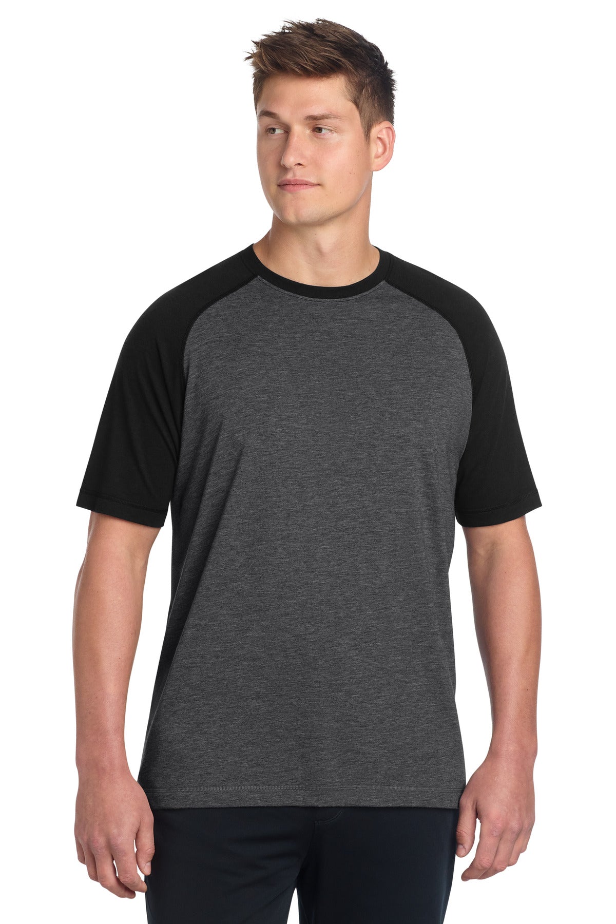 Sport-Tek PosiCharge Tri-Blend Wicking Raglan Tee ST400 Black Triad Solid/ Dark Grey Heather