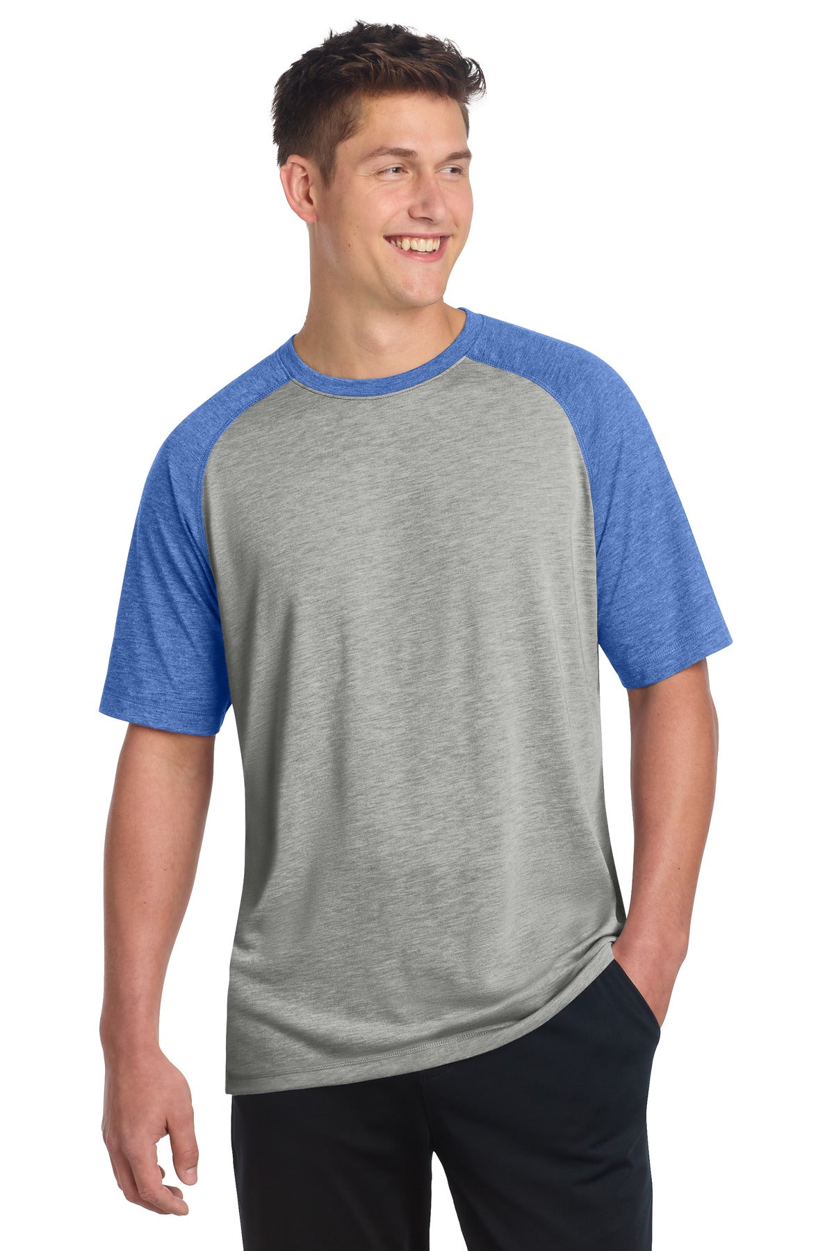Sport-Tek PosiCharge Tri-Blend Wicking Raglan Tee ST400 True Royal Heather/ Light Grey Heather