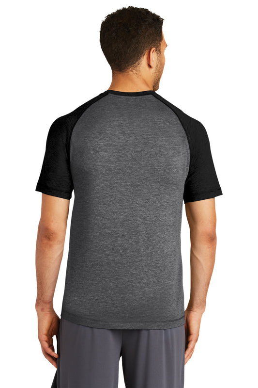 Sport-Tek PosiCharge Tri-Blend Wicking Raglan Tee. ST400 Black Triad Solid/ Dark Grey Heather