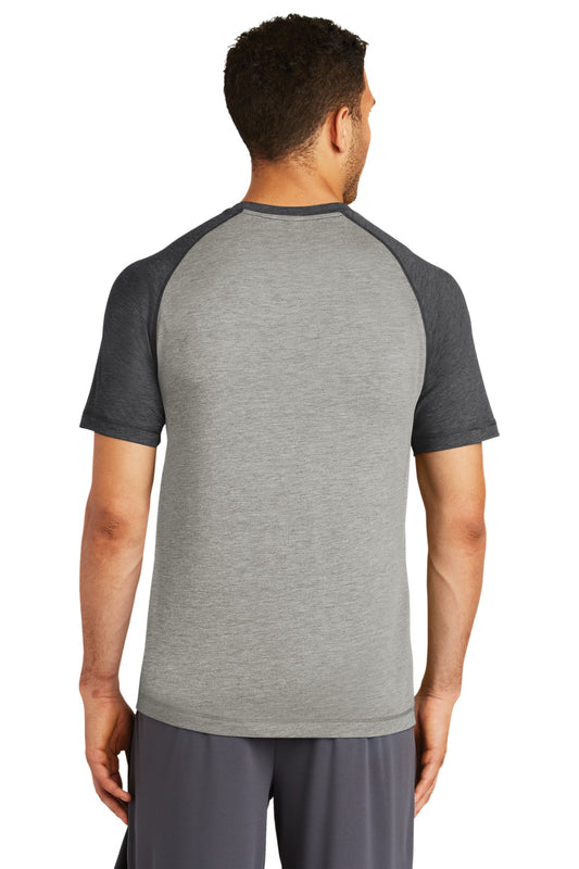 Sport-Tek PosiCharge Tri-Blend Wicking Raglan Tee. ST400 Dark Grey Heather/ Light Grey Heather
