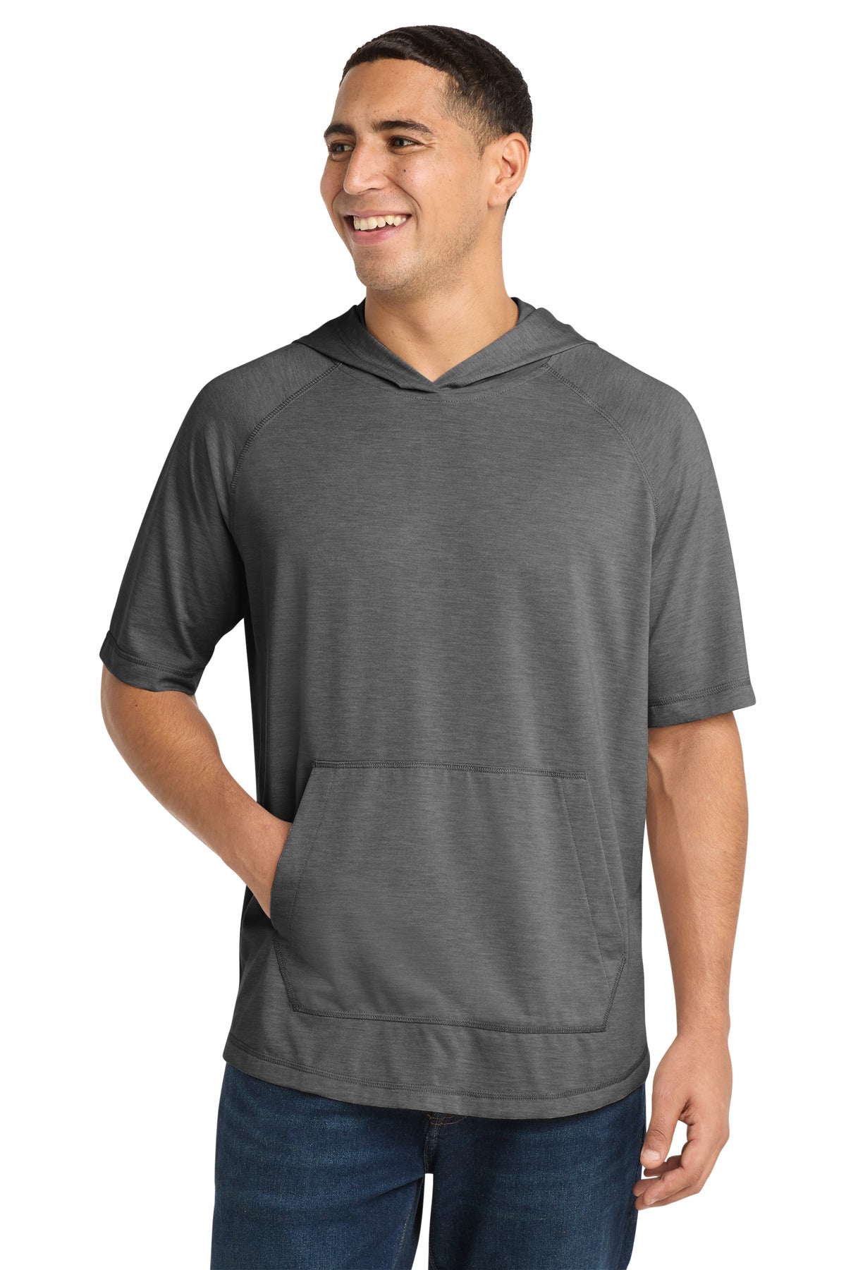 Sport-Tek PosiCharge Tri-Blend Wicking Short Sleeve Hoodie ST404 Dark Grey Heather