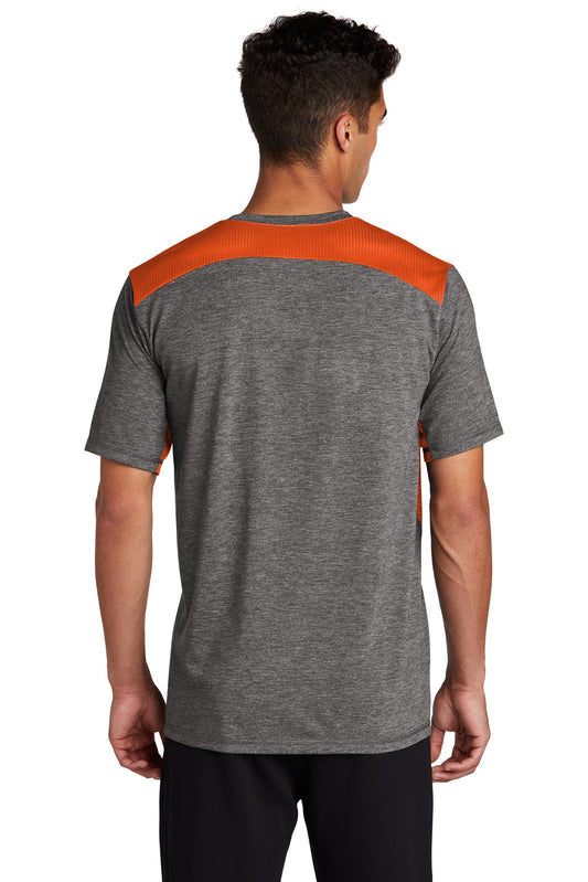 Sport-Tek PosiCharge Tri-Blend Wicking Draft Tee. ST410 Deep Orange/ Dark Grey Heather